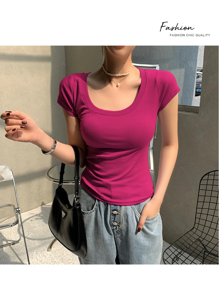 AOSSVIAO 100% Cotton T Shirt Women 2026 Summer New Slim Solid Basic Tees 16 Color Casual Tshirt Korean O Neck Tops
