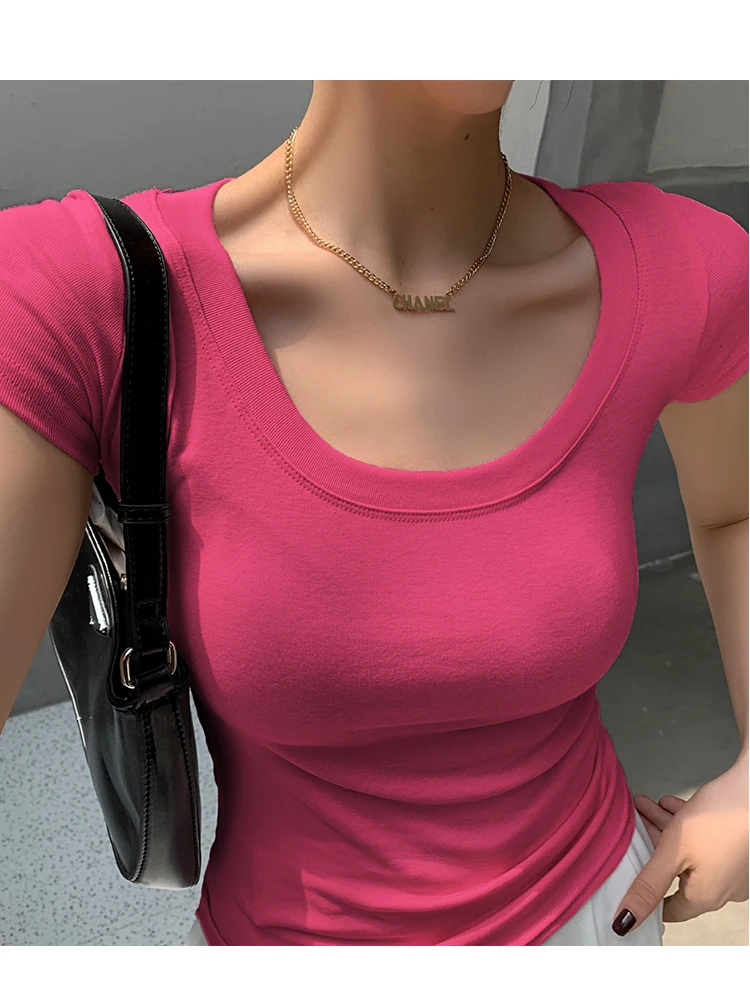 AOSSVIAO 100% Cotton T Shirt Women 2026 Summer New Slim Solid Basic Tees 16 Color Casual Tshirt Korean O Neck Tops