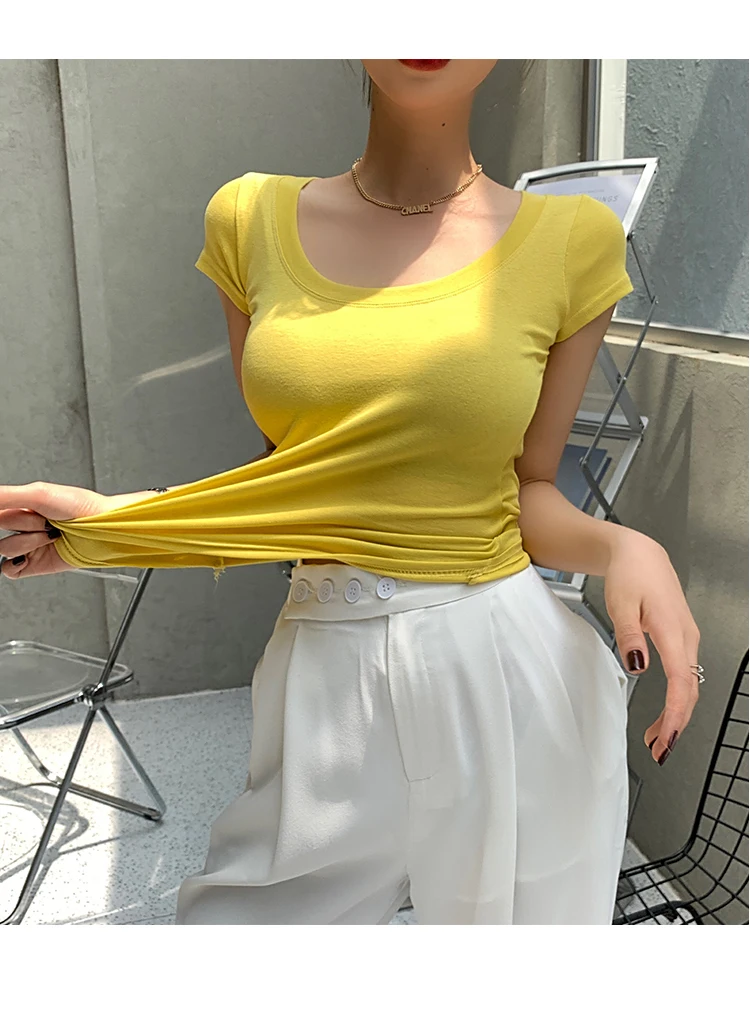 AOSSVIAO 100% Cotton T Shirt Women 2026 Summer New Slim Solid Basic Tees 16 Color Casual Tshirt Korean O Neck Tops