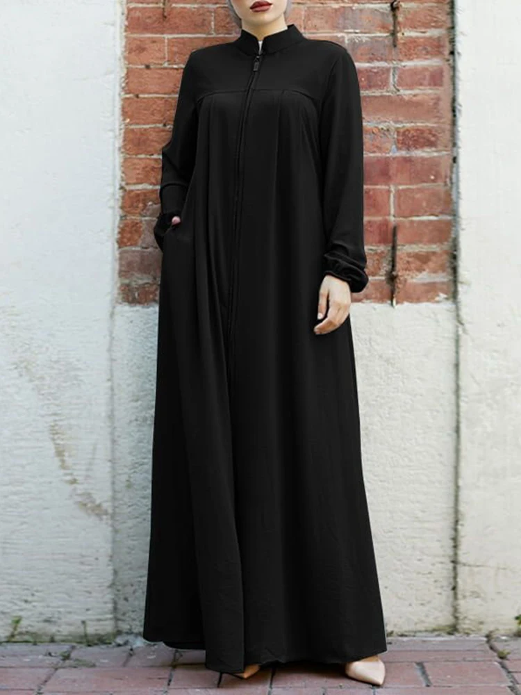 Muslim Black Dress with Small Stand-Up Collar and Zipper Pocket Design Elegant Loose and Casual Long-Sleeved Skirt