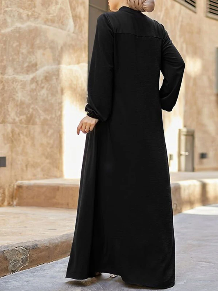 Muslim Black Dress with Small Stand-Up Collar and Zipper Pocket Design Elegant Loose and Casual Long-Sleeved Skirt