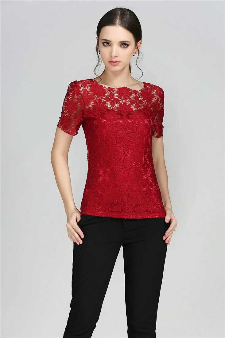 Summer women's sexy floral lace slim-fit shirt shirt ladies elegant casual short-sleeved T-shirt top