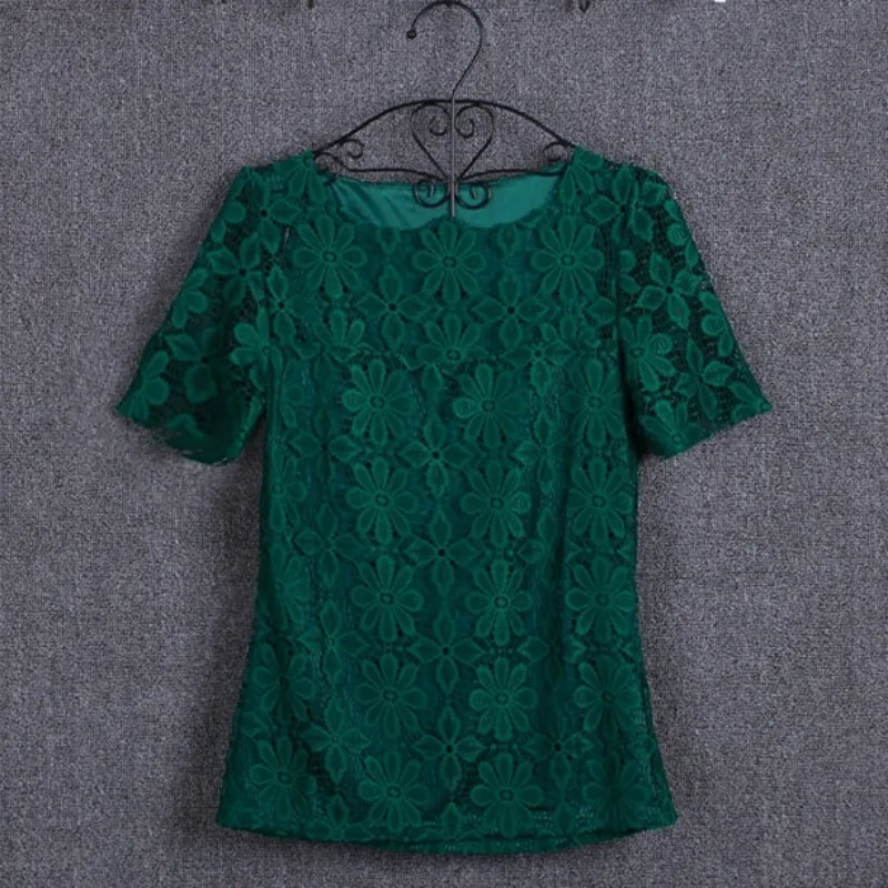 Summer women's sexy floral lace slim-fit shirt shirt ladies elegant casual short-sleeved T-shirt top