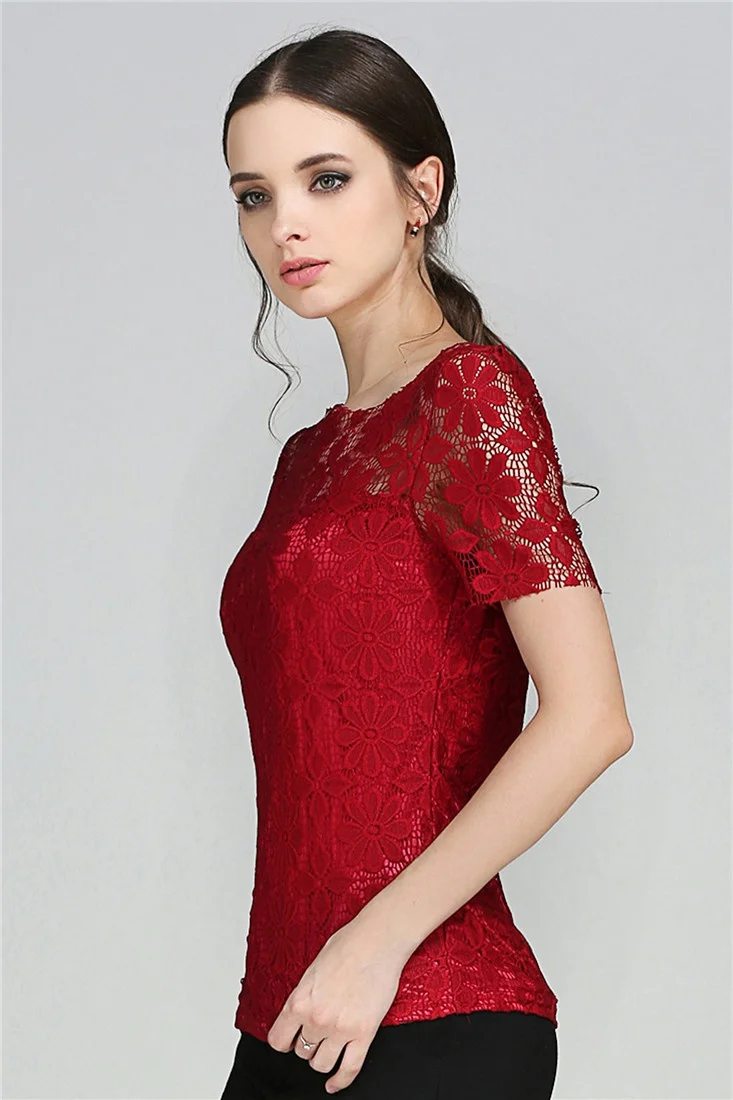 Summer women's sexy floral lace slim-fit shirt shirt ladies elegant casual short-sleeved T-shirt top