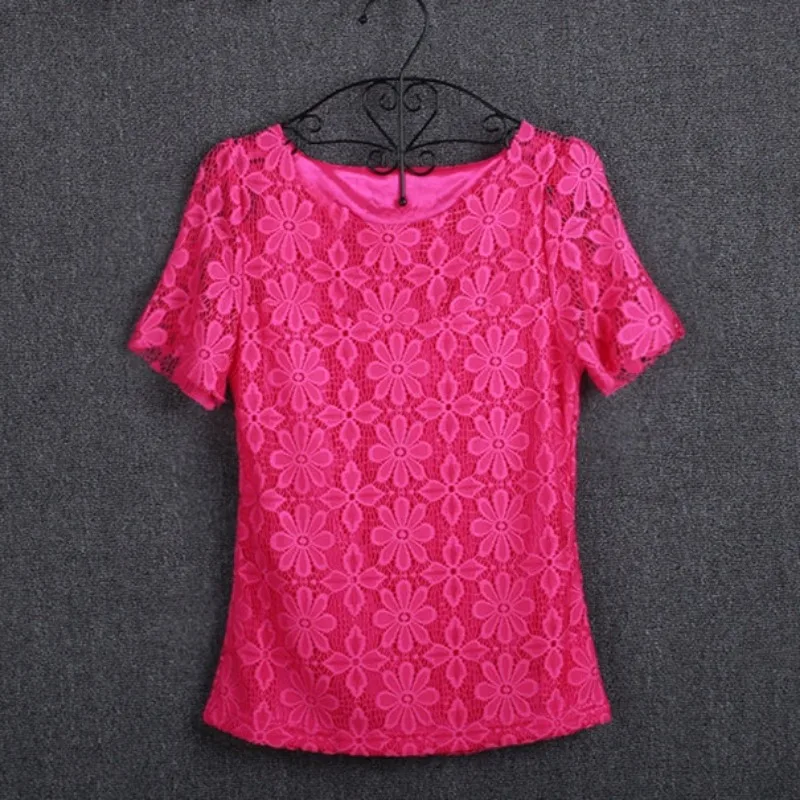 Summer women's sexy floral lace slim-fit shirt shirt ladies elegant casual short-sleeved T-shirt top