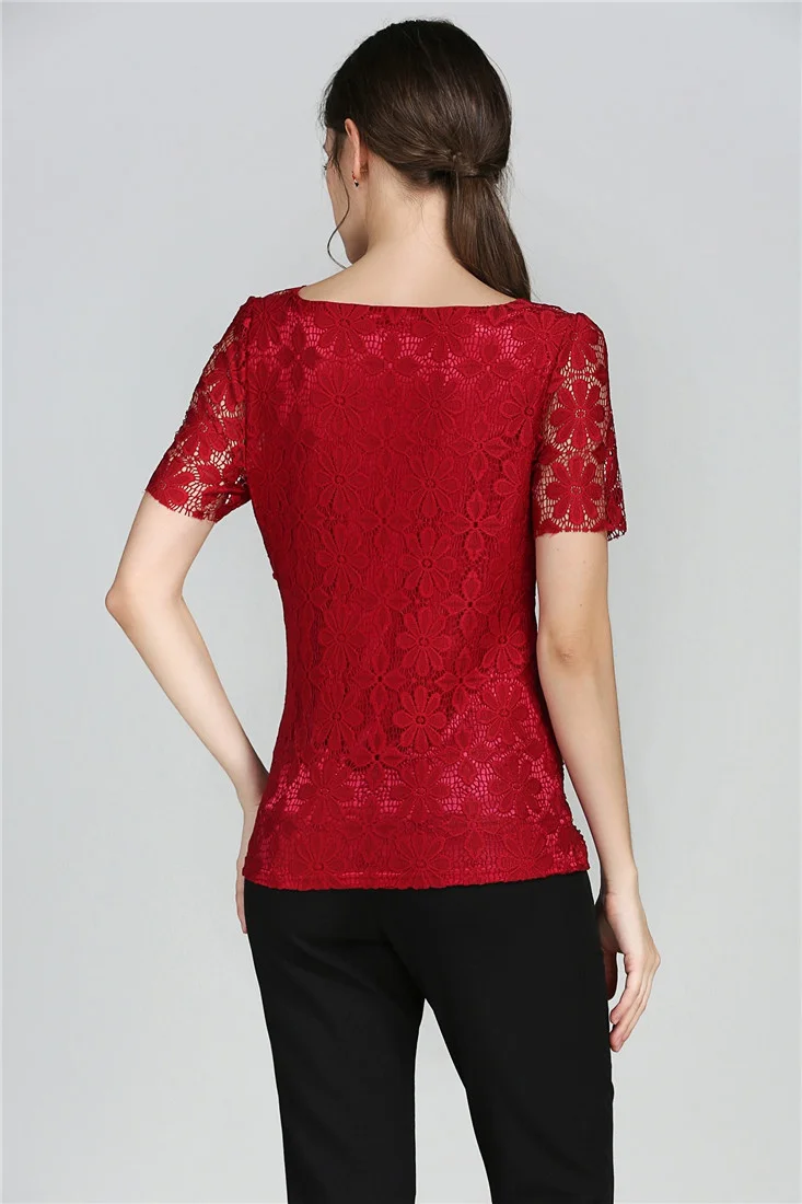 Summer women's sexy floral lace slim-fit shirt shirt ladies elegant casual short-sleeved T-shirt top