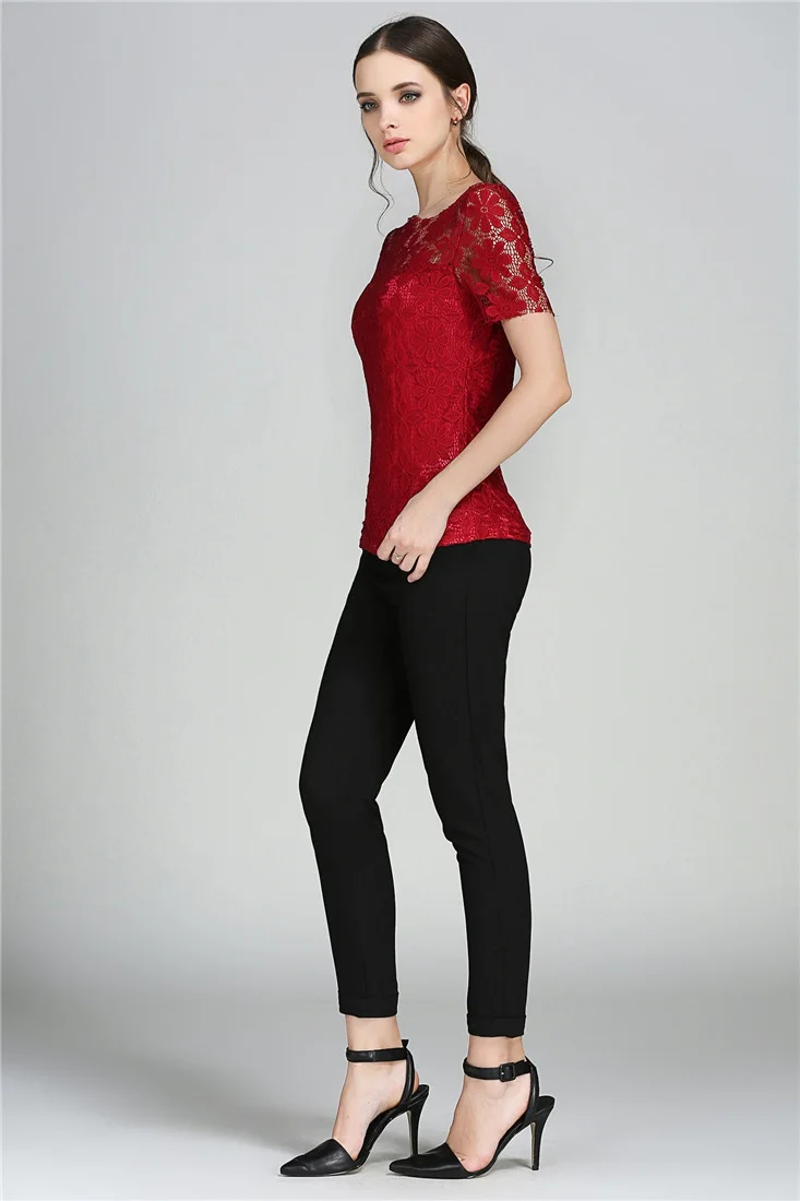 Summer women's sexy floral lace slim-fit shirt shirt ladies elegant casual short-sleeved T-shirt top