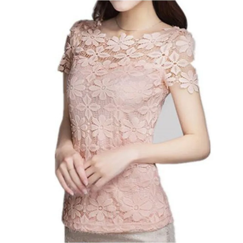 Summer women's sexy floral lace slim-fit shirt shirt ladies elegant casual short-sleeved T-shirt top
