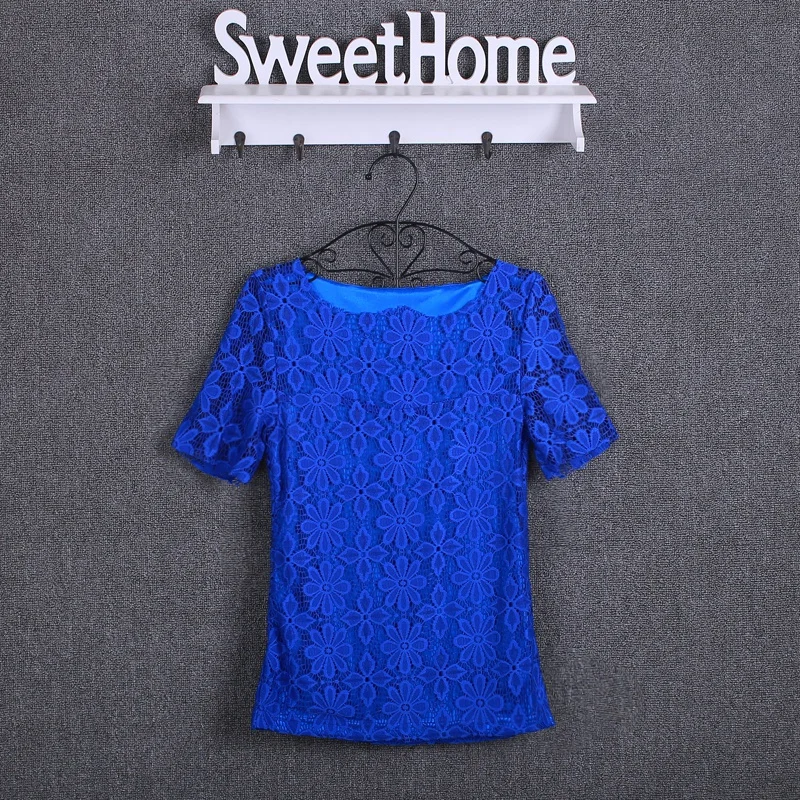Summer women's sexy floral lace slim-fit shirt shirt ladies elegant casual short-sleeved T-shirt top