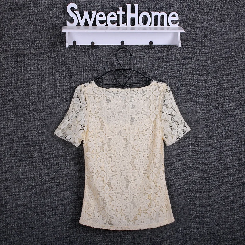 Summer women's sexy floral lace slim-fit shirt shirt ladies elegant casual short-sleeved T-shirt top