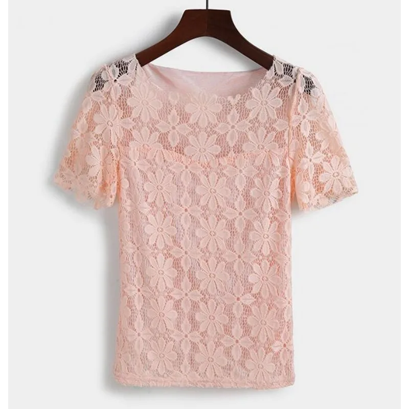 Summer women's sexy floral lace slim-fit shirt shirt ladies elegant casual short-sleeved T-shirt top