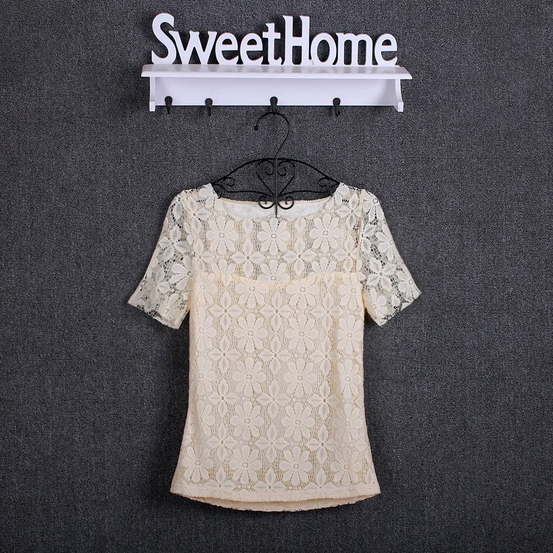 Summer women's sexy floral lace slim-fit shirt shirt ladies elegant casual short-sleeved T-shirt top