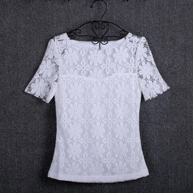 Summer women's sexy floral lace slim-fit shirt shirt ladies elegant casual short-sleeved T-shirt top