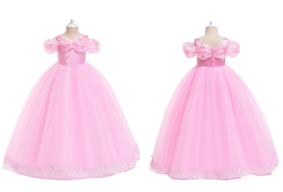 Pink Aurora Cosplay Costumes for Girls Ball Gown Pagent Princess Elegent Shoulderless Long Dress Birthday Party Butterfly Frocks