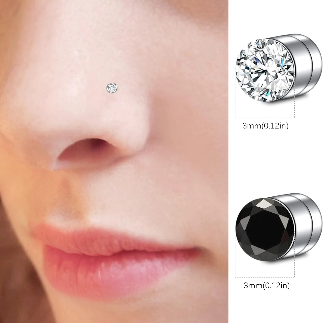 4Pairs 3mm Magnetic Stud Earring Fake Piercing Nose Stud Crystal Earrings Punk Clip Zircon Magnet Stud Non Piercing Jewelry