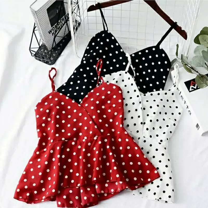 Red Polka Dot Print Chiffon Short V-Neck Sleeveless Sexy Pullover Women's Blouse Shirt Korean Fashion Female Clothing Tops 2024