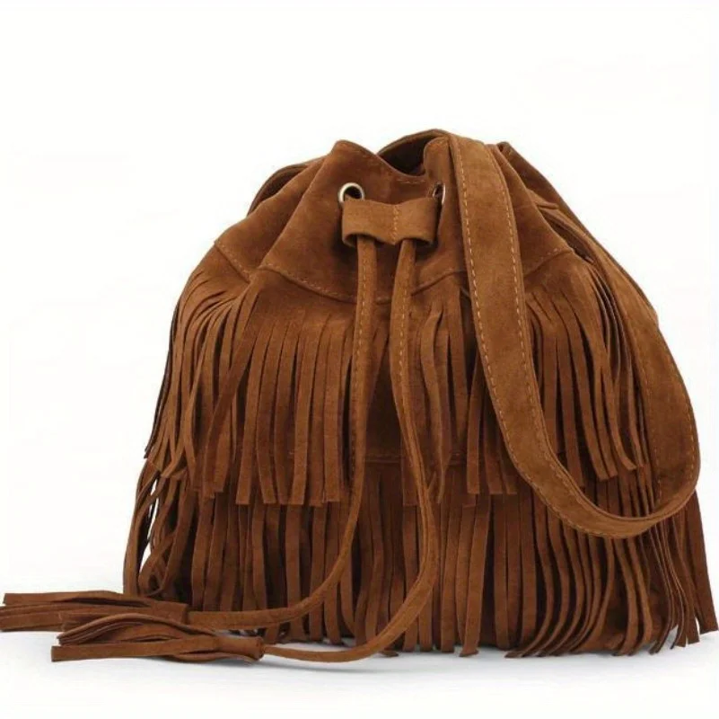 Fashion Soft Velvet Frosted Tassel Bag for Women with Drawstring Bucket One Shoulder Straddle Bag