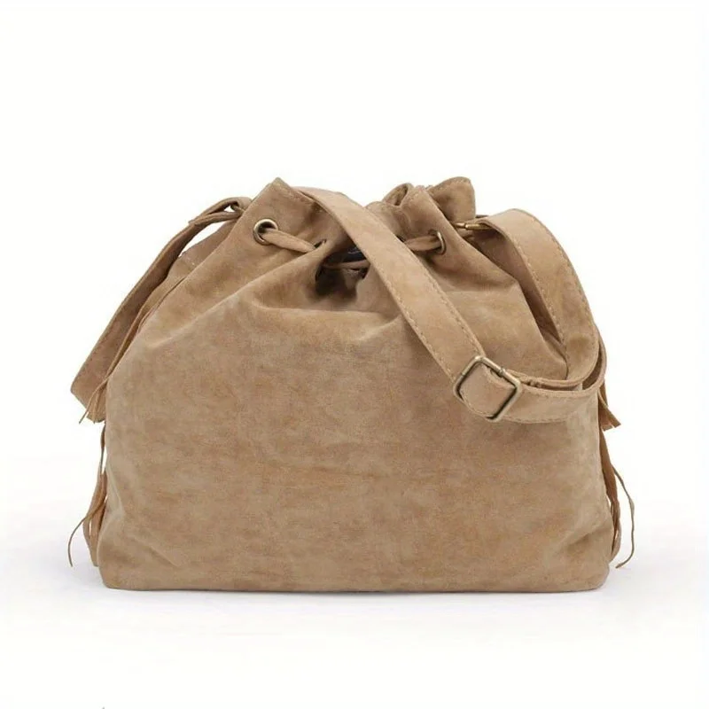 Fashion Soft Velvet Frosted Tassel Bag for Women with Drawstring Bucket One Shoulder Straddle Bag