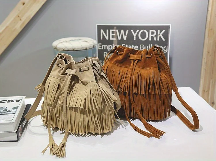 Fashion Soft Velvet Frosted Tassel Bag for Women with Drawstring Bucket One Shoulder Straddle Bag