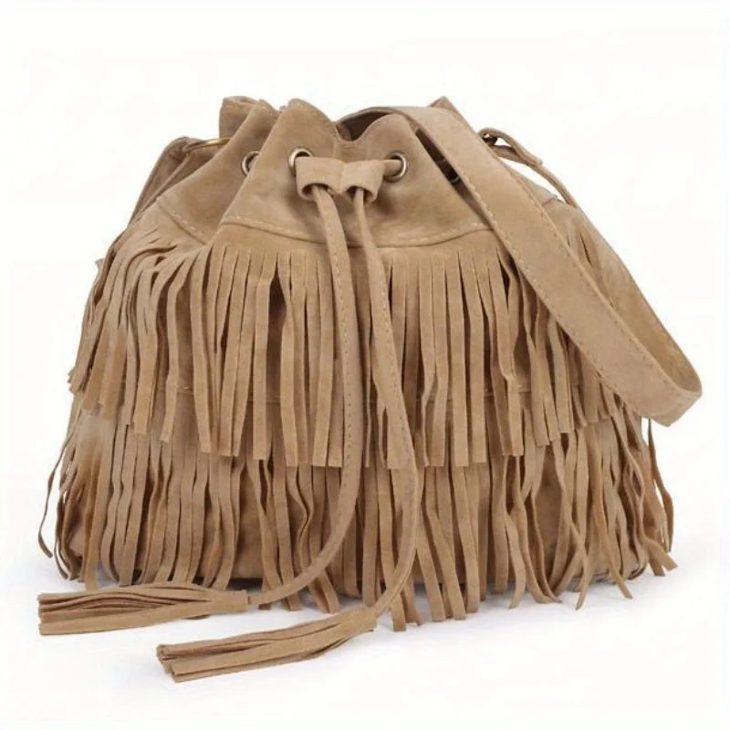 Fashion Soft Velvet Frosted Tassel Bag for Women with Drawstring Bucket One Shoulder Straddle Bag