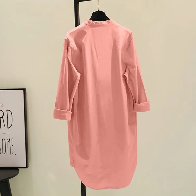 Fashion New Elegant Solid Cotton Linen Women's Shirt Single Breasted Round Neck Casual Commuter Style Mid Length Shirt