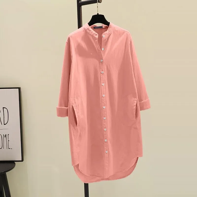 Fashion New Elegant Solid Cotton Linen Women's Shirt Single Breasted Round Neck Casual Commuter Style Mid Length Shirt