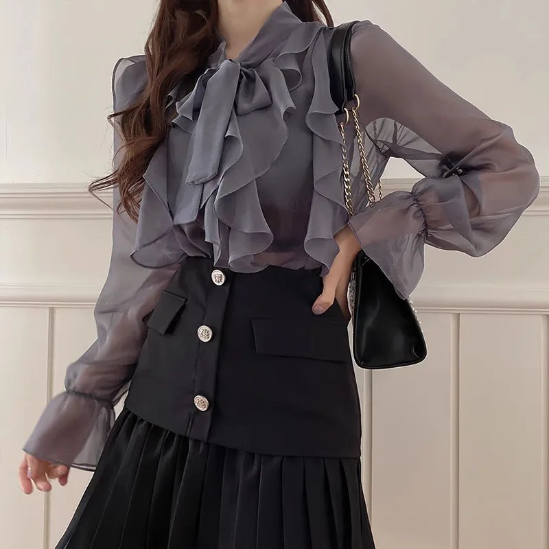 New Korean Chiffon Blouse Women Office Lady Fashion Tops Sweet Bow Shirts Women Casual Long Sleeve Summer Clothes Blusas 13864
