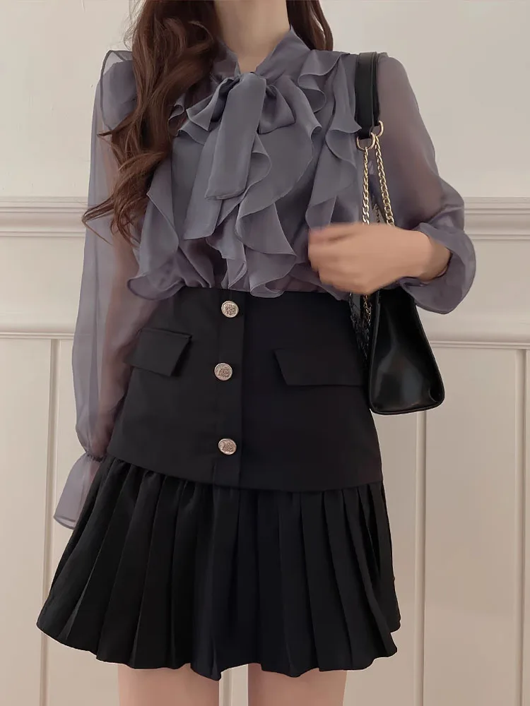 New Korean Chiffon Blouse Women Office Lady Fashion Tops Sweet Bow Shirts Women Casual Long Sleeve Summer Clothes Blusas 13864