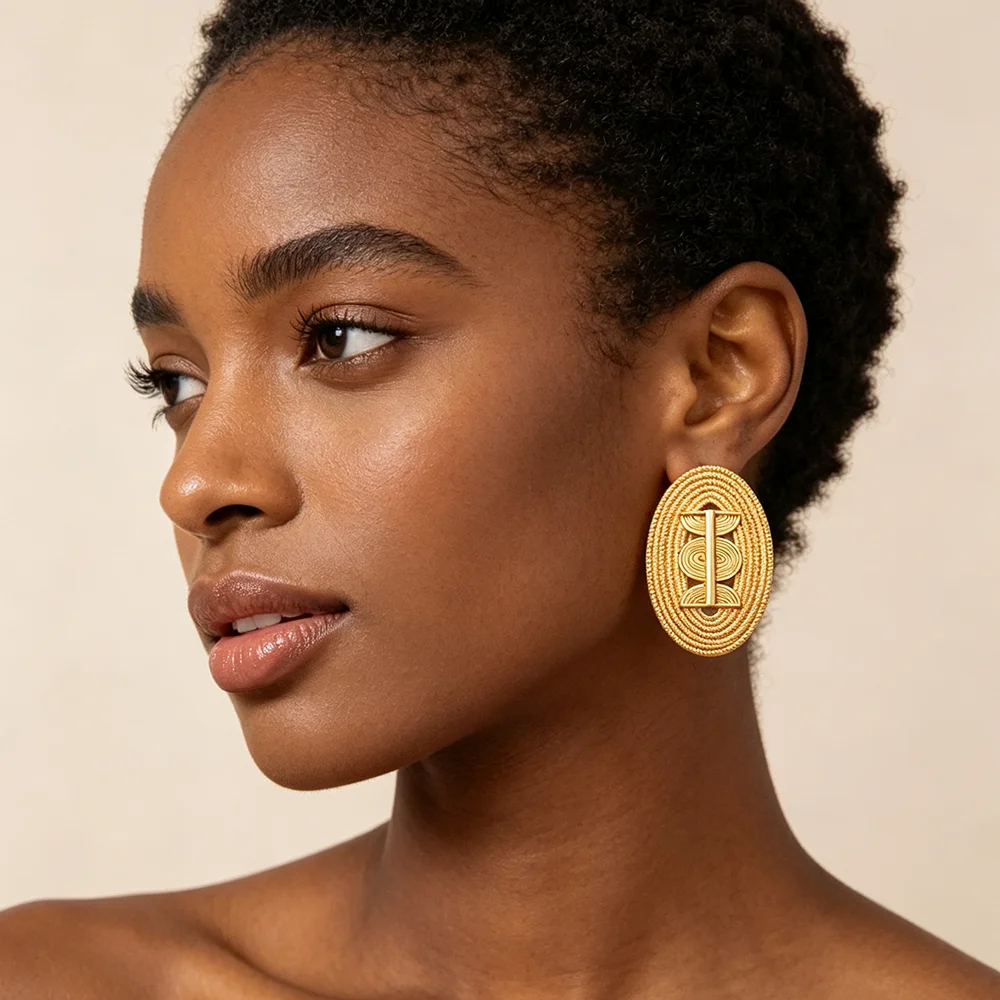 18K Gold Plated Embossed Oval Geometric Hollow Earrings & Ring Set For Women Luxury Wedding Party Bridal Accessories Gift