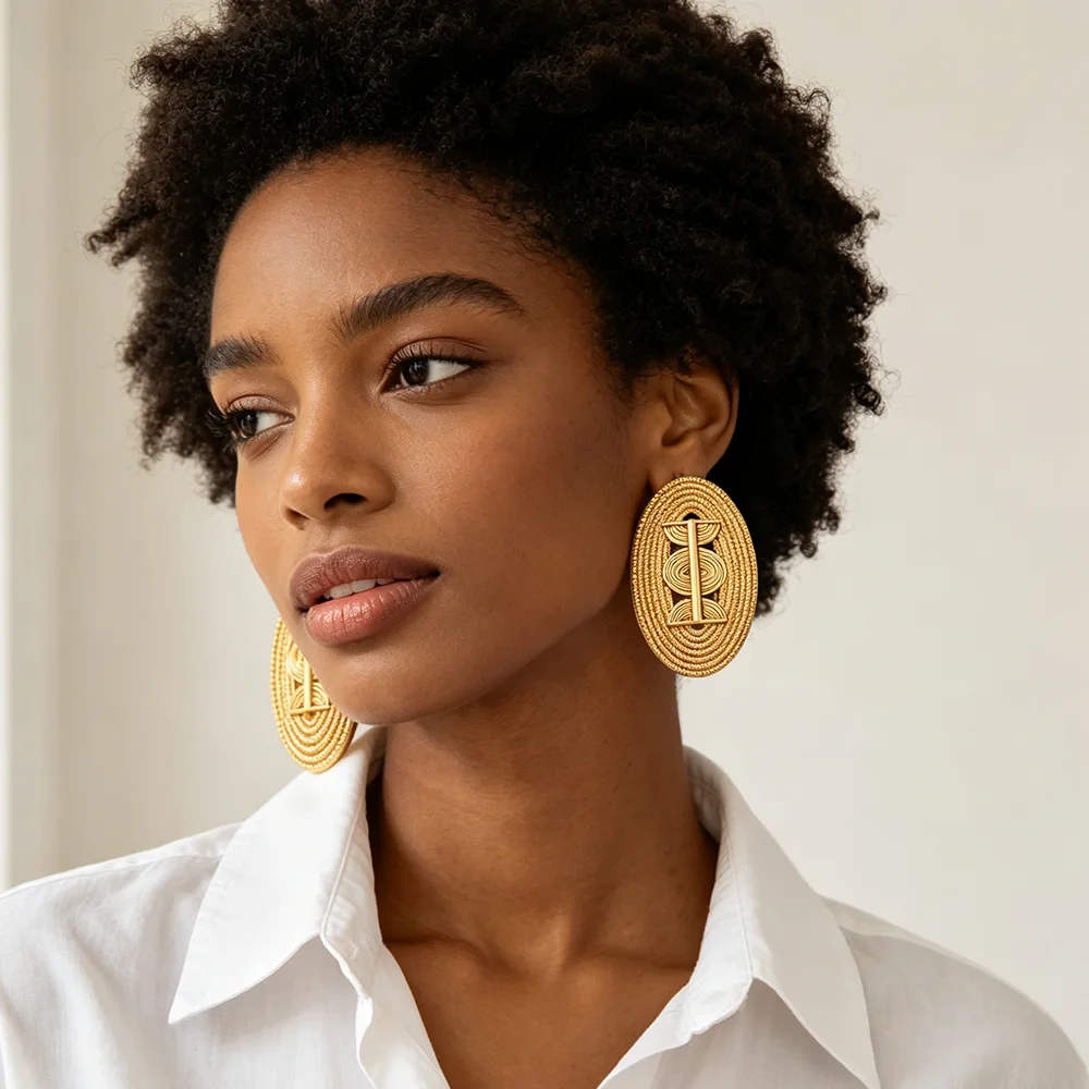 18K Gold Plated Embossed Oval Geometric Hollow Earrings & Ring Set For Women Luxury Wedding Party Bridal Accessories Gift