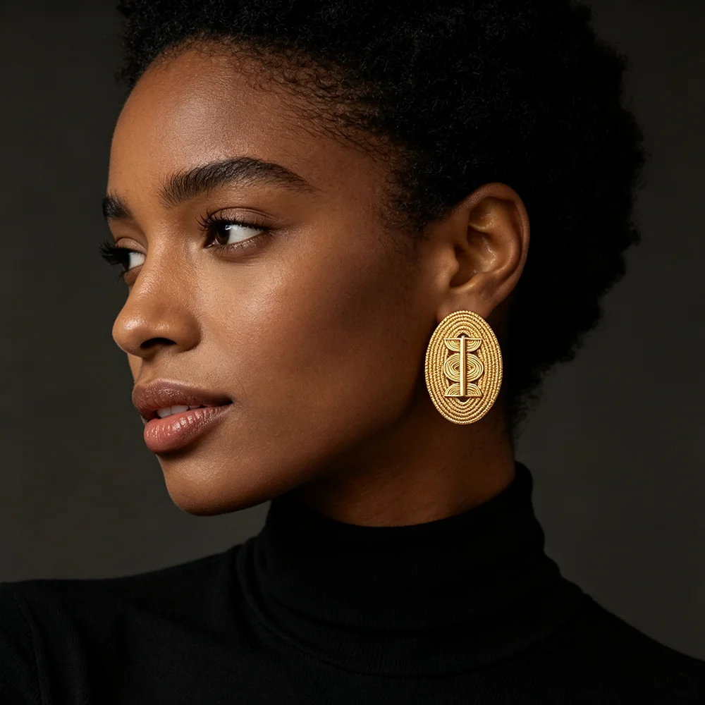 18K Gold Plated Embossed Oval Geometric Hollow Earrings & Ring Set For Women Luxury Wedding Party Bridal Accessories Gift