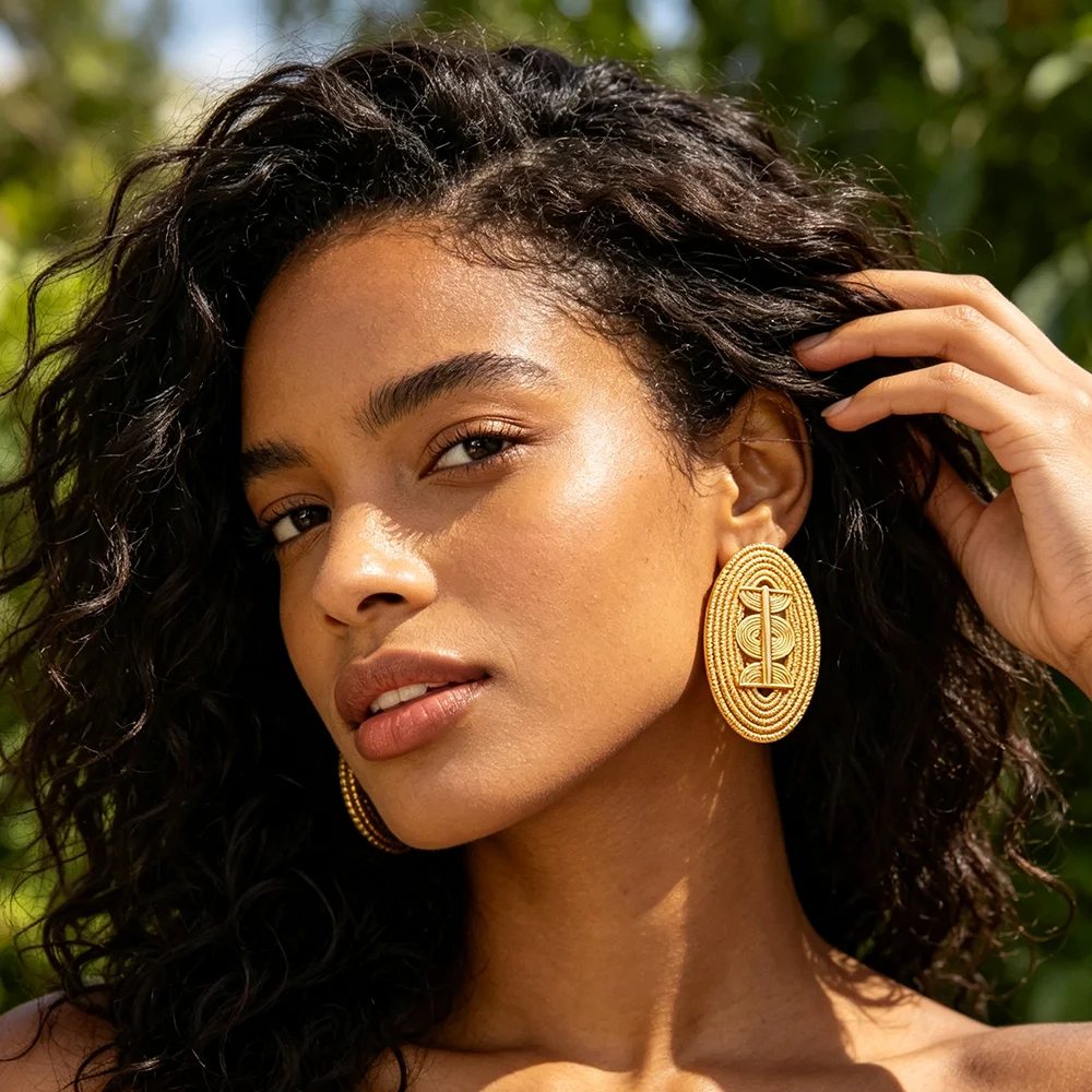 18K Gold Plated Embossed Oval Geometric Hollow Earrings & Ring Set For Women Luxury Wedding Party Bridal Accessories Gift