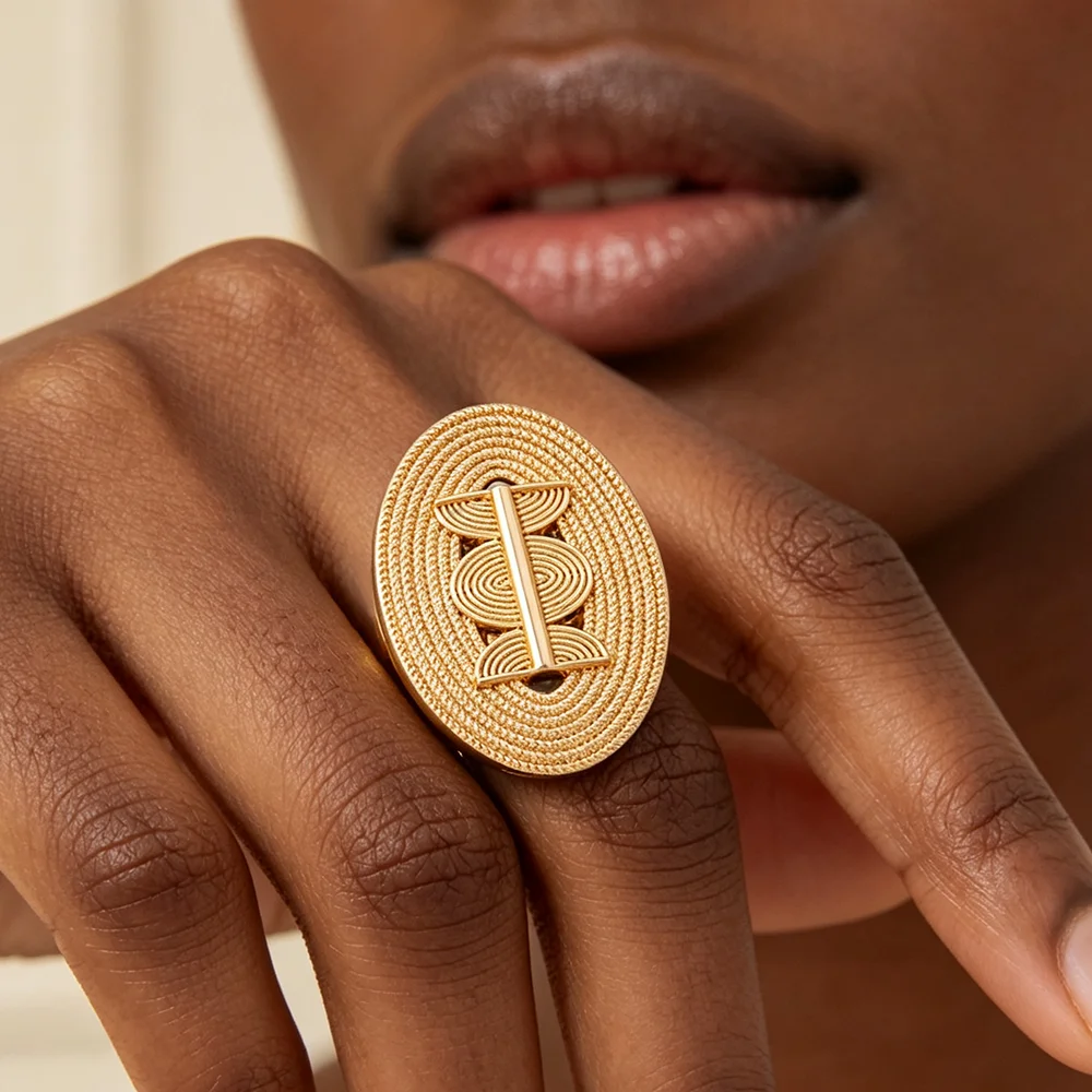 18K Gold Plated Embossed Oval Geometric Hollow Earrings & Ring Set For Women Luxury Wedding Party Bridal Accessories Gift