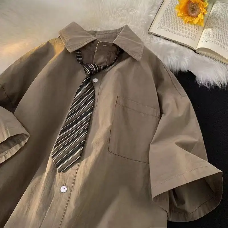 E-BAIHU Brown Vintage Blouses Lady Japanese Urban Girl Tooling Short-sleeved Shirts Oversize Five-point Sleeve DK Uniform Blusas