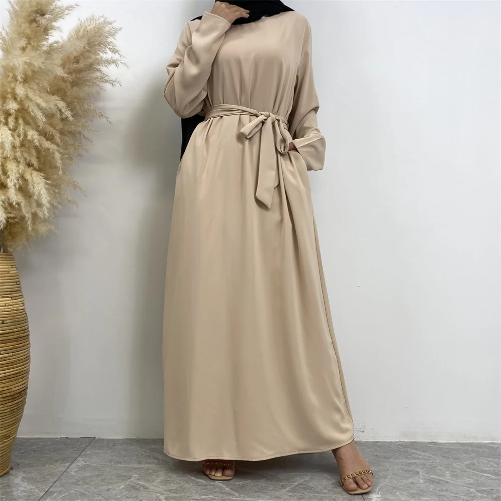 Muslim Abaya Fashion New Hot Dress Turkey Arabia Dubai Solid Color Robe with Pockets Women's Long Dress