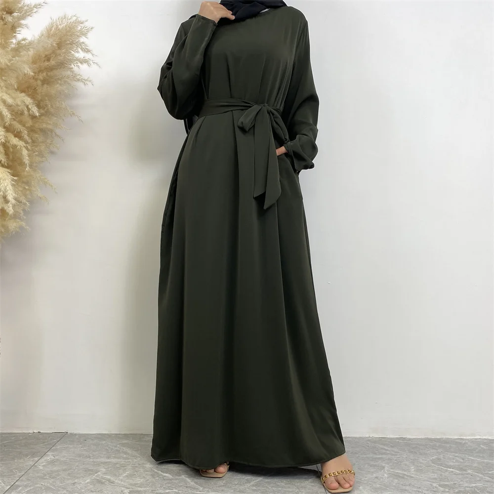 Muslim Abaya Fashion New Hot Dress Turkey Arabia Dubai Solid Color Robe with Pockets Women's Long Dress