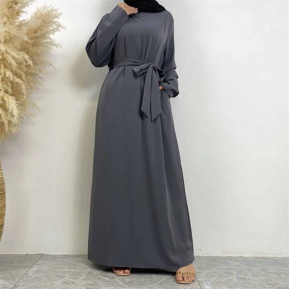 Muslim Abaya Fashion New Hot Dress Turkey Arabia Dubai Solid Color Robe with Pockets Women's Long Dress