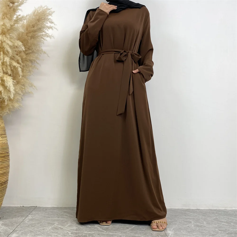 Muslim Abaya Fashion New Hot Dress Turkey Arabia Dubai Solid Color Robe with Pockets Women's Long Dress