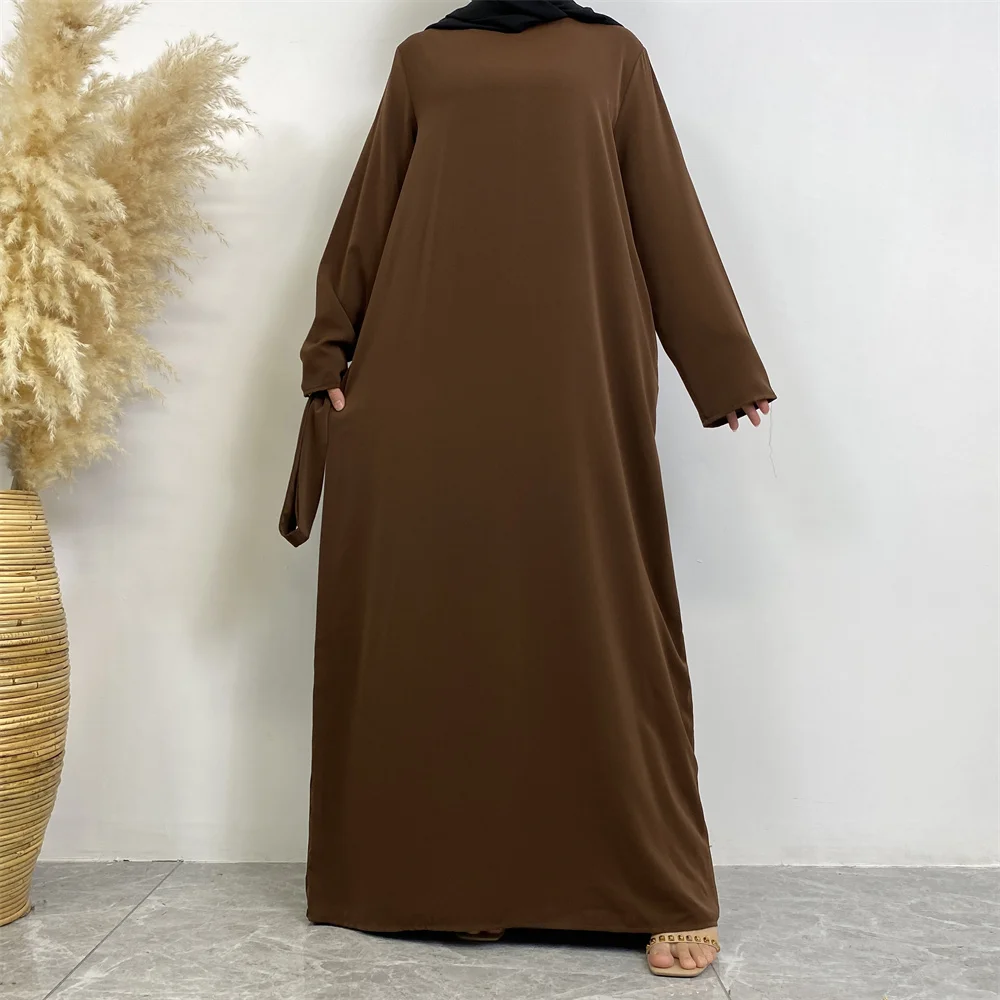 Muslim Abaya Fashion New Hot Dress Turkey Arabia Dubai Solid Color Robe with Pockets Women's Long Dress
