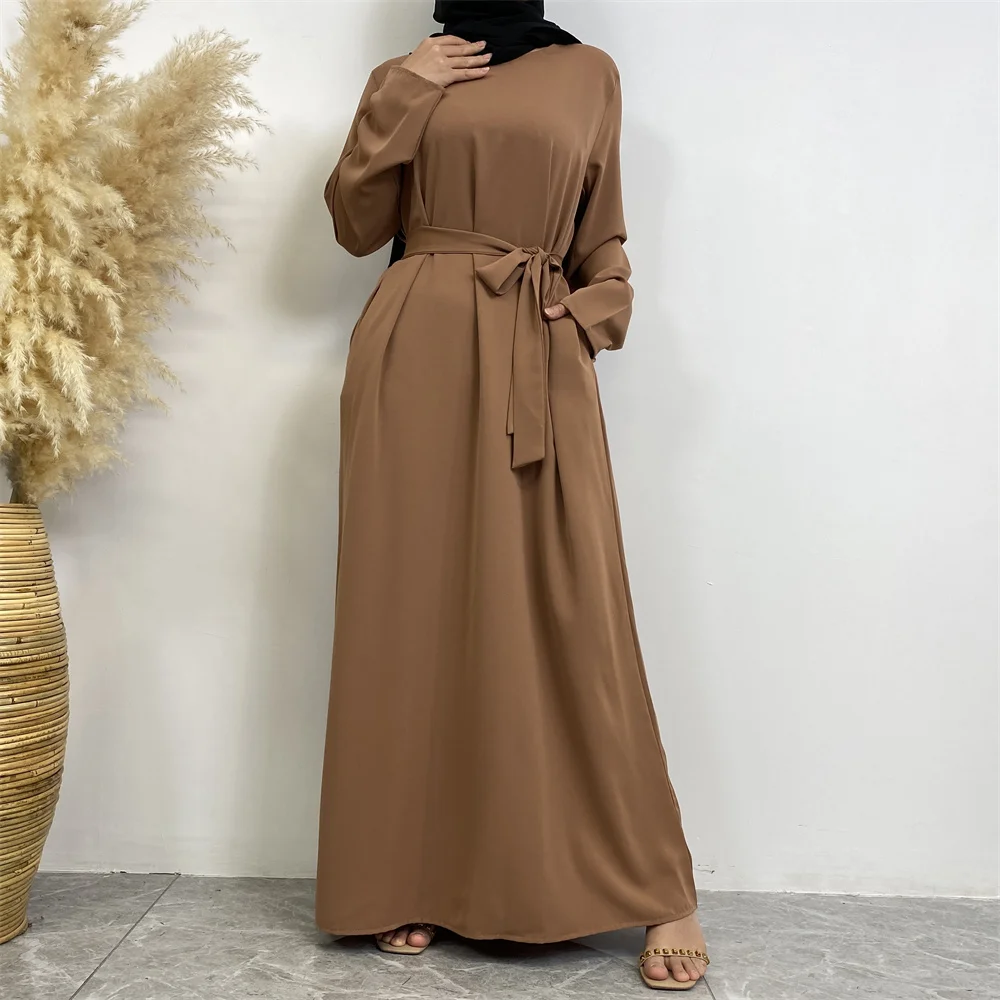 Muslim Abaya Fashion New Hot Dress Turkey Arabia Dubai Solid Color Robe with Pockets Women's Long Dress
