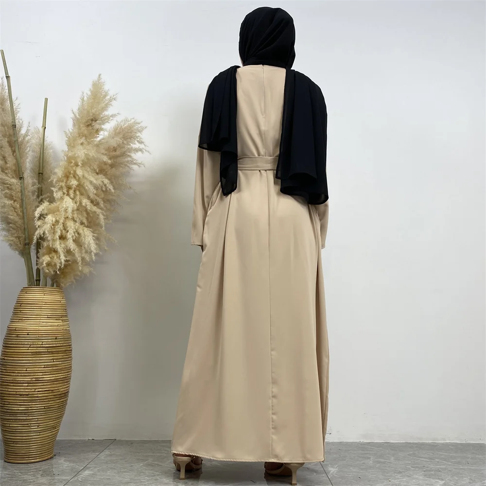 Muslim Abaya Fashion New Hot Dress Turkey Arabia Dubai Solid Color Robe with Pockets Women's Long Dress