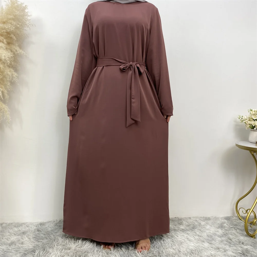 Muslim Abaya Fashion New Hot Dress Turkey Arabia Dubai Solid Color Robe with Pockets Women's Long Dress