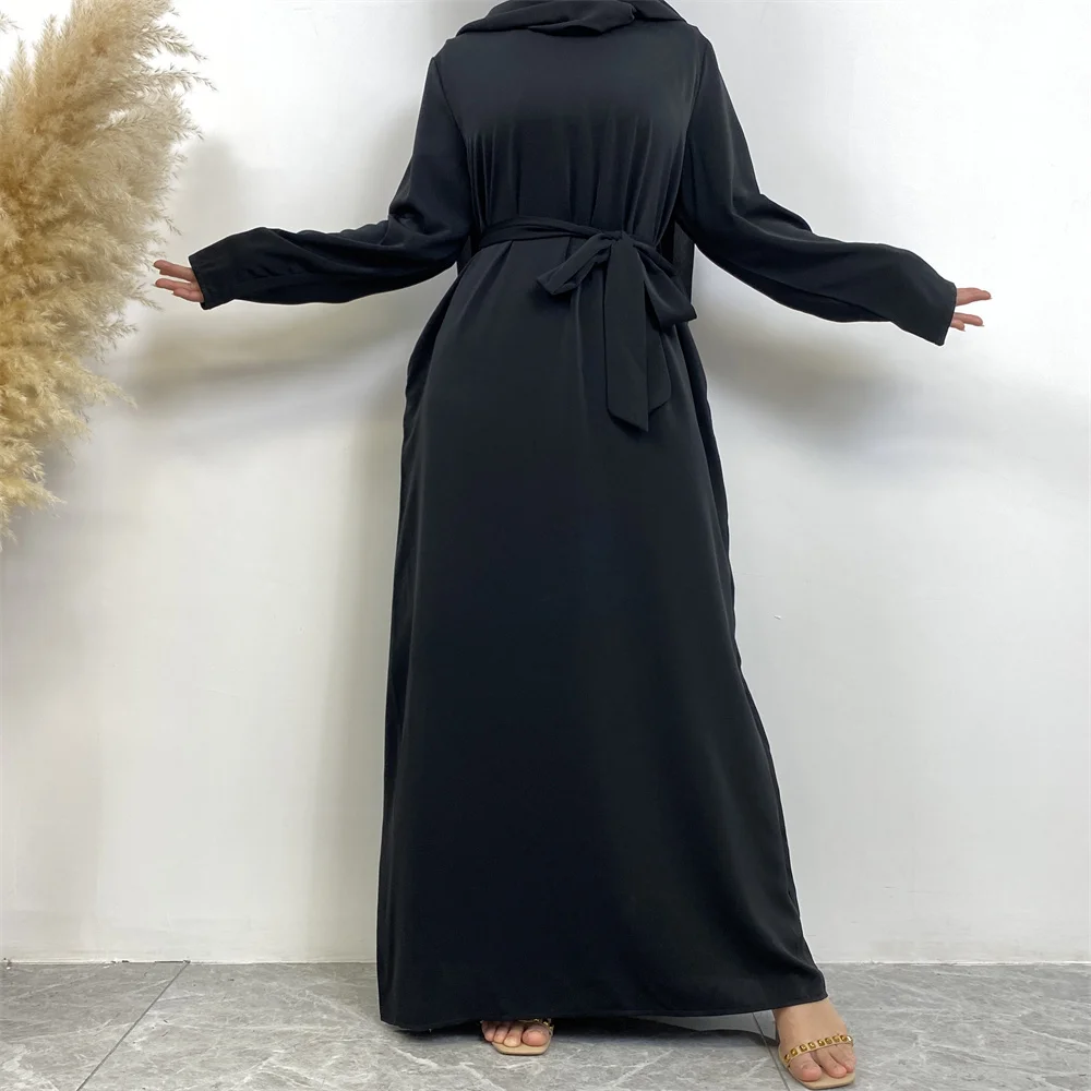 Muslim Abaya Fashion New Hot Dress Turkey Arabia Dubai Solid Color Robe with Pockets Women's Long Dress