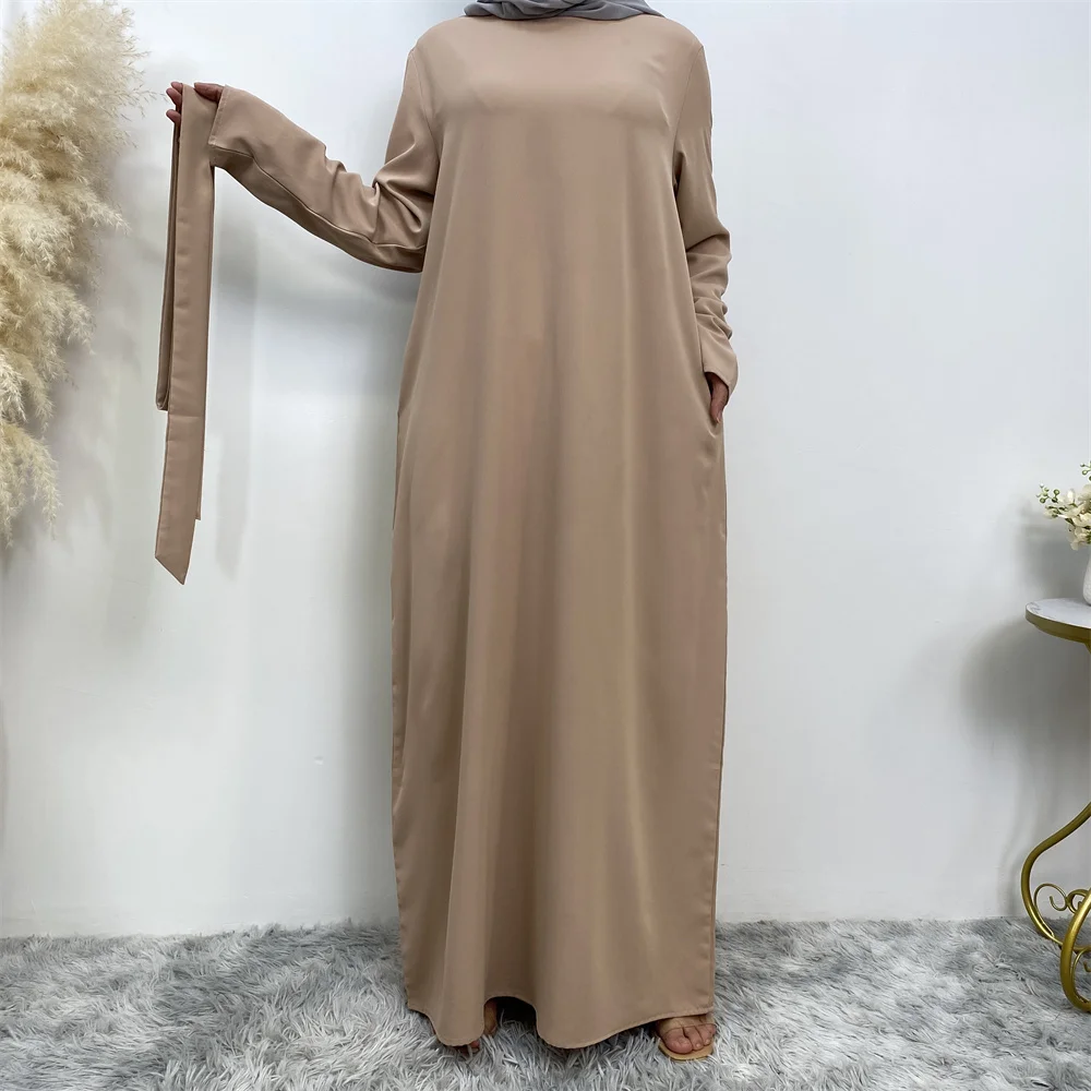 Muslim Abaya Fashion New Hot Dress Turkey Arabia Dubai Solid Color Robe with Pockets Women's Long Dress