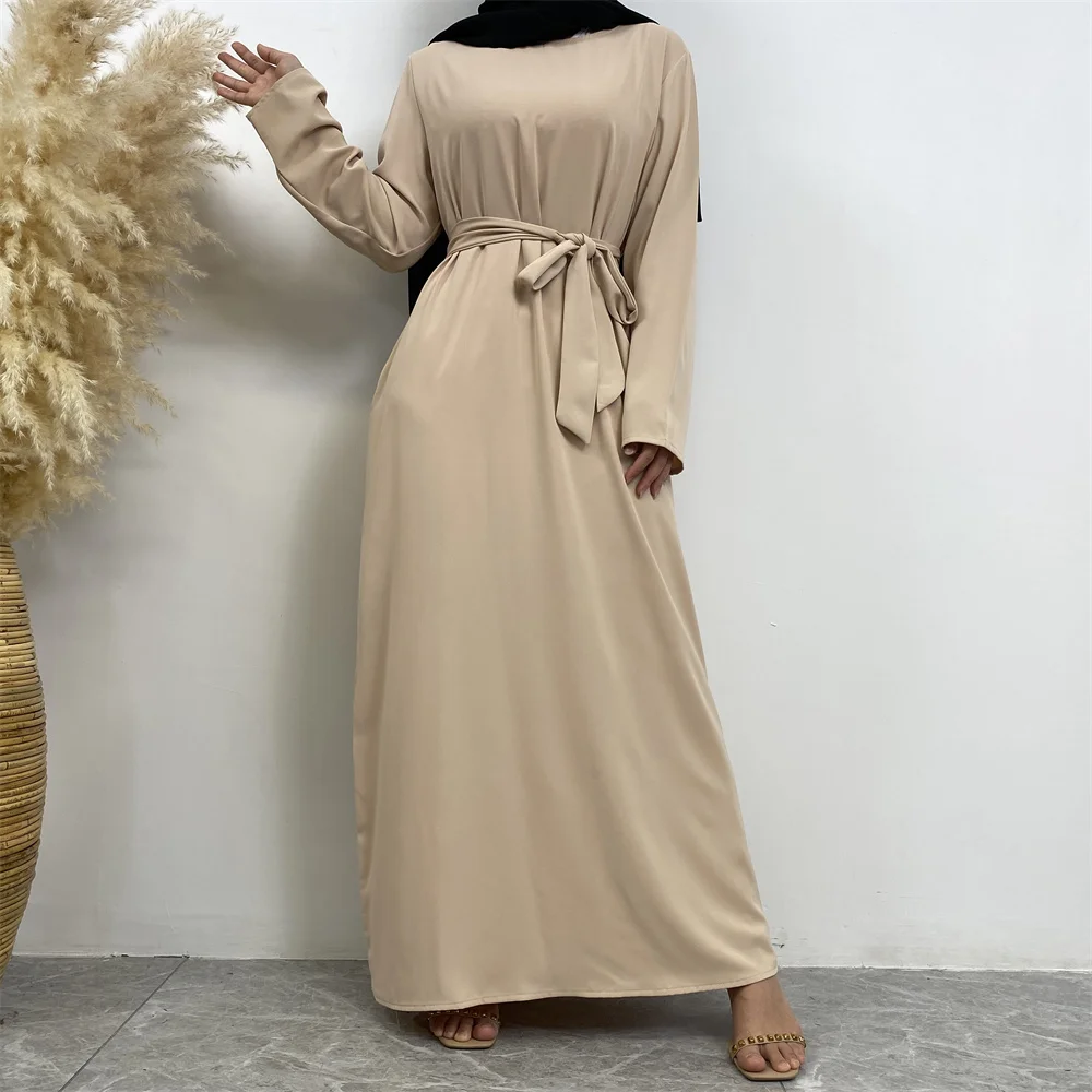 Muslim Abaya Fashion New Hot Dress Turkey Arabia Dubai Solid Color Robe with Pockets Women's Long Dress