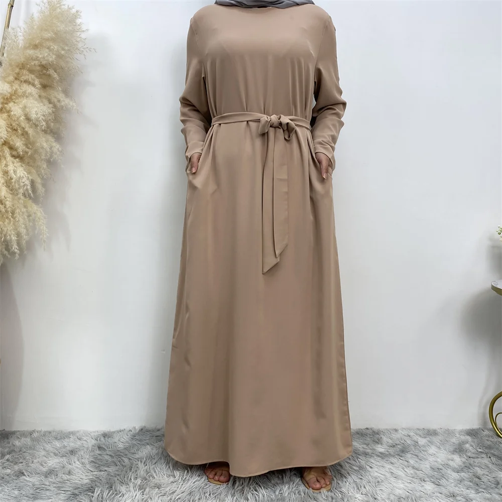 Muslim Abaya Fashion New Hot Dress Turkey Arabia Dubai Solid Color Robe with Pockets Women's Long Dress