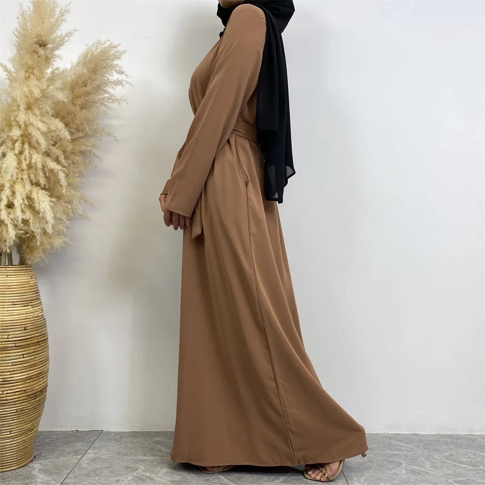 Muslim Abaya Fashion New Hot Dress Turkey Arabia Dubai Solid Color Robe with Pockets Women's Long Dress