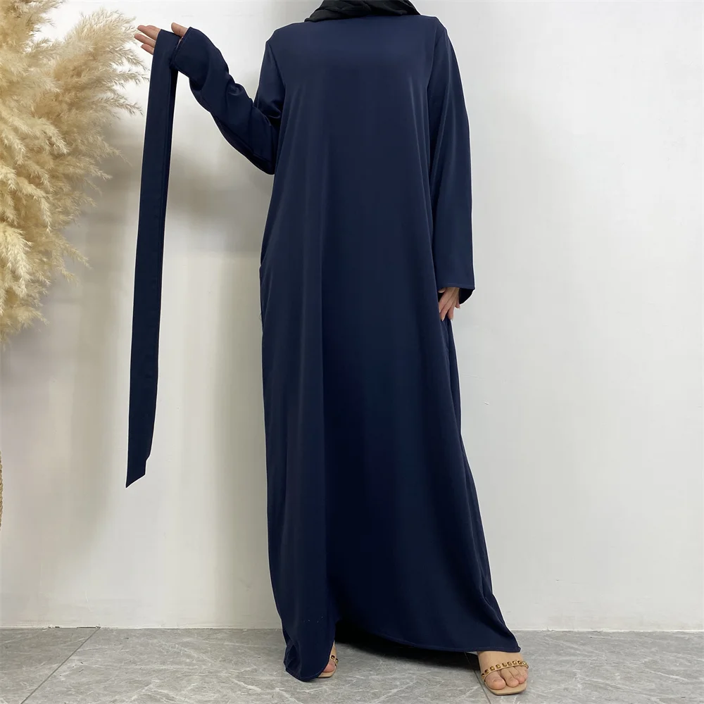 Muslim Abaya Fashion New Hot Dress Turkey Arabia Dubai Solid Color Robe with Pockets Women's Long Dress