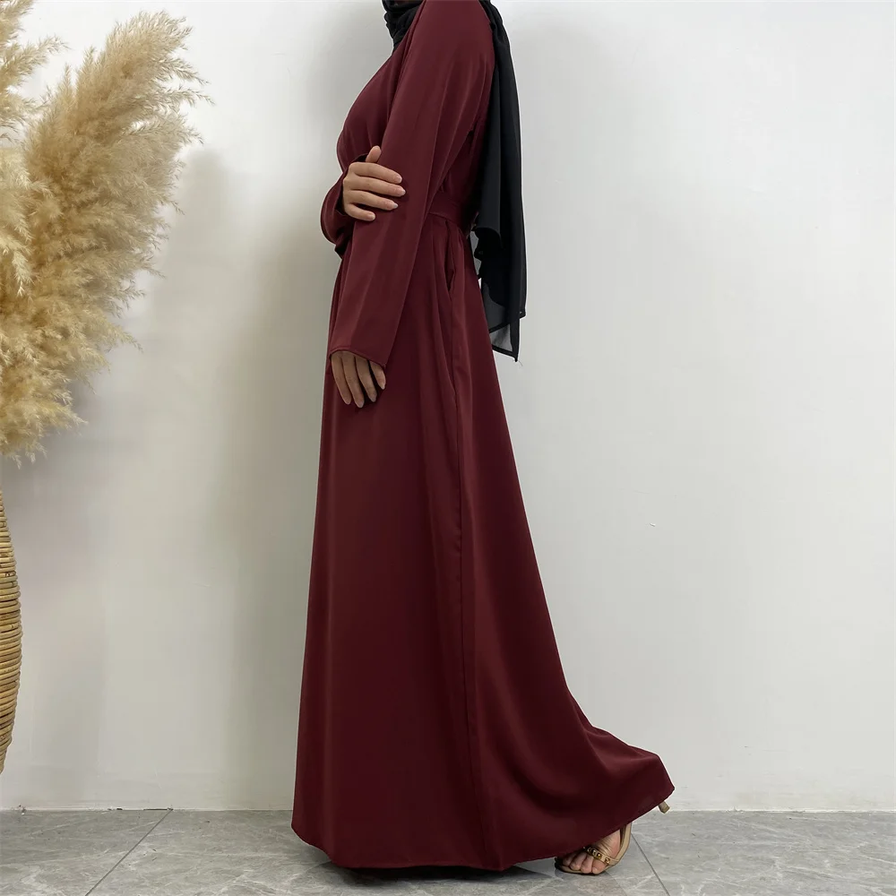 Muslim Abaya Fashion New Hot Dress Turkey Arabia Dubai Solid Color Robe with Pockets Women's Long Dress