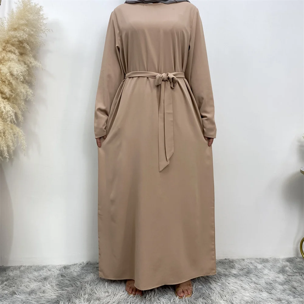 Muslim Abaya Fashion New Hot Dress Turkey Arabia Dubai Solid Color Robe with Pockets Women's Long Dress